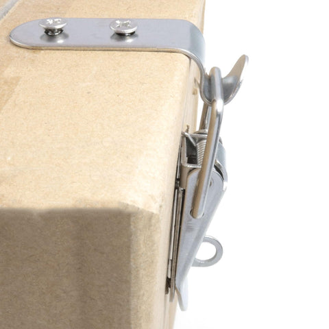 Side view of Heavy Duty Beefy 304 Stainless Steel 90 Degree Latch Kit on a wooden box showing rust proof toggle.