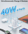 40W USB-C Quad Charger Block With Four Ports, Fast PD And QC Wall Charger For iPhone 17 To 11 Pro Max And Samsung, Dual USB-C PD Ports, 20W Max Per Port, Fast Charge Up To 3x Faster. White 4-port charger shown charging four devices