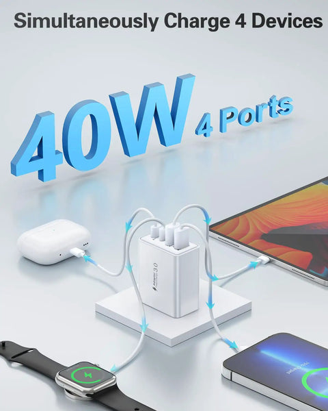 40W USB-C Quad Charger Block With Four Ports, Fast PD And QC Wall Charger For iPhone 17 To 11 Pro Max And Samsung, Dual USB-C PD Ports, 20W Max Per Port, Fast Charge Up To 3x Faster. White 4-port charger shown charging four devices