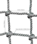 Close-up of gray nylon Playground Climbing Net And Cargo Rope Kit For Outdoor Fun, showing knots and 4-inch grid spacing.