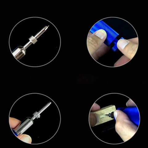 Close-up of Professional Ship Model Nail Presser Tool For Hull Detailing with alloy blue fixation kit in use