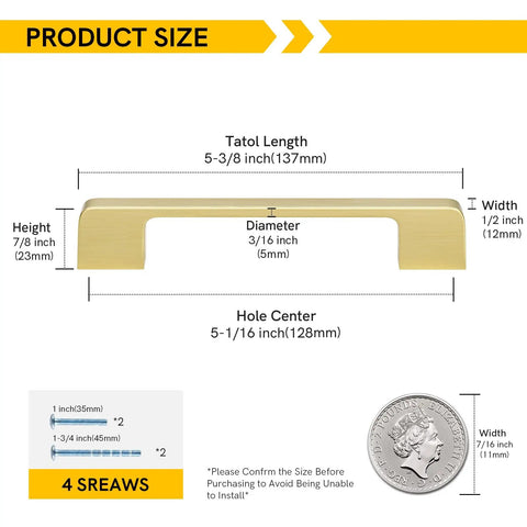 Gold 5 Inch Center Cabinet Pulls Square Drawer Handles Slick Zinc Alloy Hardware For Cupboards And Kitchen Cabinets 10 Pack With Brushed Brass Finish dimensions