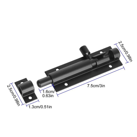 4 Pack Barrel Bolt Latch Black Slide Door Lock 3 Inch Security Lock Aluminum Alloy for Home Yard Garden Includes Screws and DIY Friendly Surface Mounted Installation for Indoor Outdoor Protection, product shown with dimensions.