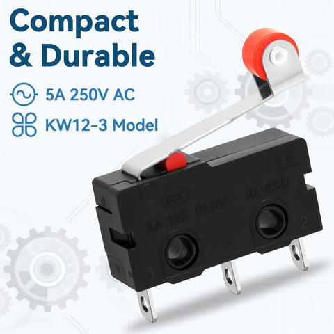 20 Pack KW12-3 Micro Limit Switches With Roller Lever Arm SPDT Snap Action 250V 5A AC Tiny Switches For 3D Printers CNC Machines And DIY Electronics Projects, black body