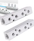 Beefy Aluminum Air Manifold For Four Way Six Port Pneumatic System With One Quarter Inch NPT Output And One Half Inch NPT Supply Heavy Duty Air Distribution Block For Industrial Automation, aluminum manifold block with threaded ports