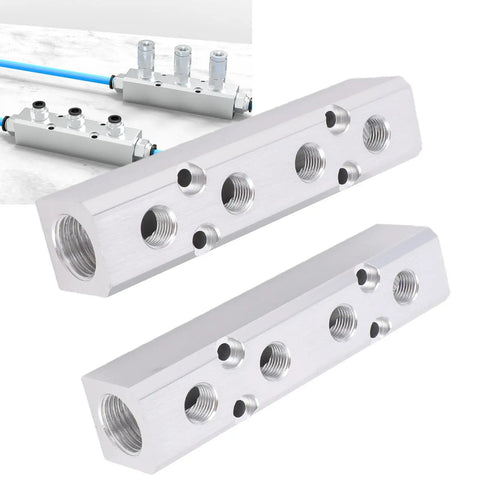 Beefy Aluminum Air Manifold For Four Way Six Port Pneumatic System With One Quarter Inch NPT Output And One Half Inch NPT Supply Heavy Duty Air Distribution Block For Industrial Automation, aluminum manifold block with threaded ports