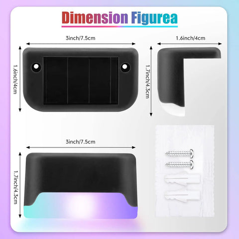 36 Pack Wireless Solar Deck Lights Outdoor Waterproof Step Lights For Fence Pool Garden Wall Patio Yard And Porch Multicolor LED Lighting With Easy Install No Wires Required dimensions and mounting hardware