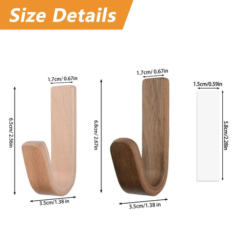 Size details of No Sweat Self Adhesive Wood Hooks, 6 Piece Set With Real Beech And Walnut Grain, showing dimensions.