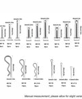 122 Piece Stainless Steel Cotter Pin And R Clip Set With 15 Cotter Pin Sizes And 9 R Clip Sizes, 304 Stainless, dimension details shown