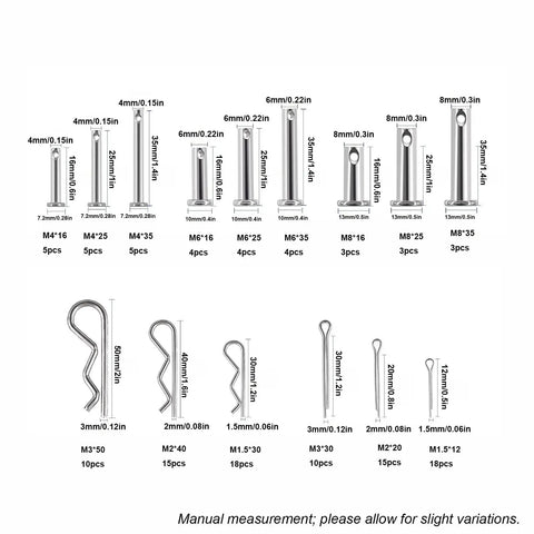 122 Piece Stainless Steel Cotter Pin And R Clip Set With 15 Cotter Pin Sizes And 9 R Clip Sizes, 304 Stainless, dimension details shown