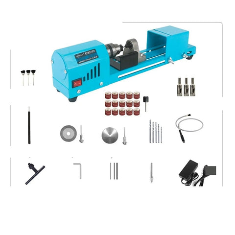 Powerful 150W Mini Lathe Machine For Buddhas And Beads DIY Rocking Stone Rotary Carving Tool with accessories arranged.