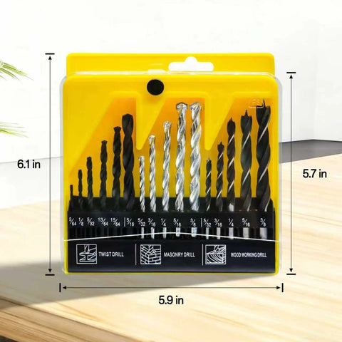 Beefy 16-Piece Drill Bit Set For Metal, Wood, Plastic, And Drywall Includes 6 Twist Bits, 5 Woodworking Bits, 5 Masonry Bits
