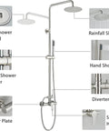 8 Inch Rain Shower System With Handheld Sprayer And Wall Mount Faucet In Brushed Nickel Outdoor Indoor Shower Fixtures 304 Stainless Steel Tarnish Resistant Single Handle Dual Function Bath Shower Set, product details and features labeled.