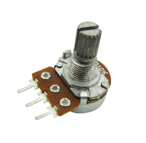Pack Of 10 10K Ohm Linear Rotary Potentiometers With Knurled Six Millimeter Shaft Fifteen Millimeter Length Three Hundred Degree Turn Pro Grade Potentiometer For Precise Audio And DIY Electronics Control showing single potentiometer with shaft