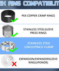Half Inch PEX Swivel Elbow Faucet Connector With Lead Free Brass Fittings And 90 Degree NPT NPSM Adapter Includes Stainless Steel PEX Clamps For RV Camper Water Lines And Home Plumbing Easy Install, PEX ring compatibility chart