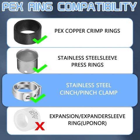 Half Inch PEX Swivel Elbow Faucet Connector With Lead Free Brass Fittings And 90 Degree NPT NPSM Adapter Includes Stainless Steel PEX Clamps For RV Camper Water Lines And Home Plumbing Easy Install, PEX ring compatibility chart