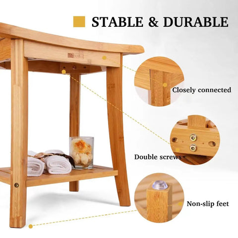 Bamboo Shower Bench With Storage Shelf For Indoor And Outdoor Use highlighting stability, connection, screws, and non-slip feet.