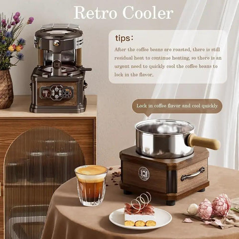 Home Coffee Bean Roaster With 700 Watt Heater And Built In Smoke Remover For Mess Free Cleanup Featuring Bean Chaff Divider and Adjusted Timing Knobs To Nail That Medium Dark Roast Smoothly And Score Fresh Beans Daily, retro cooler setup on table with coffee and dessert.