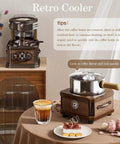 Automatic Coffee Bean Roaster For Home Use With Built In Smoke Remover And Bean Shell Separator 150G Capacity No Fuss Settings 700W Power For Straight Up Fresh Coffee Anyday with retro cooler and coffee drink.