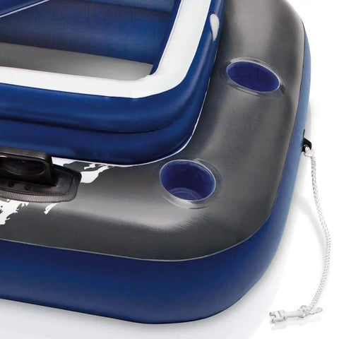 Side view of Inflatable Mega Chill II Beverage Cooler Float For 72 Cans With Lid showing cup holders and durable material.