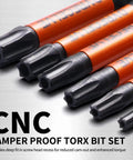 Badass Security Torx Bit Set With Heavy Duty Magnetic Grip And Impact Ready Steel Construction Featuring Three Inch Extended Reach Star Tips For T5 To T40 Jobs, showing tamper-proof design.