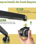 Easy installation steps for Roll Smooth Two Inch Office Chair Wheels Replacement for Ikea Chairs with 10 mm stem and 7/8 inch length.
