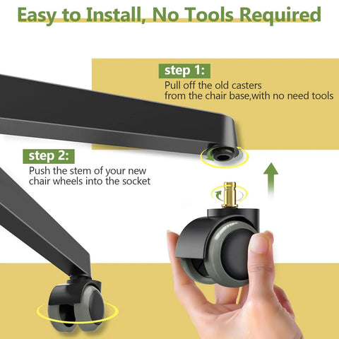Easy installation steps for Roll Smooth Two Inch Office Chair Wheels Replacement for Ikea Chairs with 10 mm stem and 7/8 inch length.