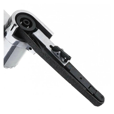 Close-up view of Air Angle Belt Sander and Grinding Machine Kit with 1/4 Inch Air Hose Fitting, showcasing tool components.