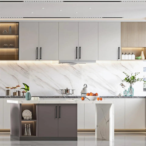 Modern kitchen with Six Pack 5 Inch Matte Black Cabinet Handles for Kitchen Cabinets and Cupboards, durable and rust proof.