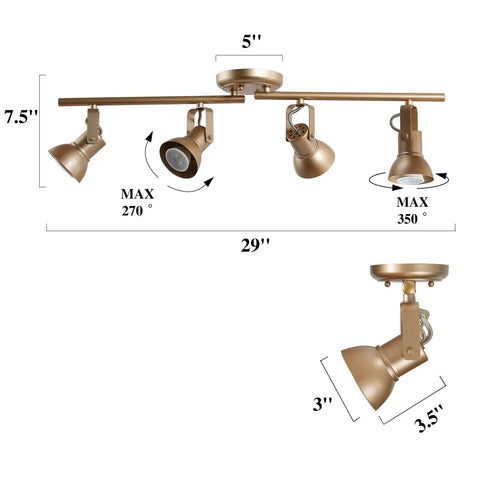 Gold LED Track Lighting Kit With Adjustable Ceiling Spotlights, Four Lights, Rotatable Heads For Kitchen And Living Areas