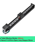 Rock Solid Motorized Slide Table With T Type Linear Guide Rail Stage And Mini Sliding Platform For Dead Nuts Accurate Z Axis Motion Control In Custom Automation Projects, 200mm stroke with Nema11 stepper motor.