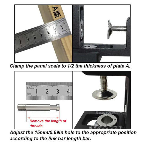 Heavy Duty Pocket Hole Jig Kit For Carpentry And Woodworking Joinery With Aluminum Drill Guide showing measurement steps and adjustments.