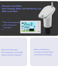 IP65 Water Level Sensor With Ultrasonic Technology Digital Liquid Depth Transmitter For Monitoring Boxes No Fuss Plug And Play Level Meter For High And Low Water Monitoring Compatible With Existing Sensors featuring a display with water and room temperature readings, solar charging, and low water level alarm.