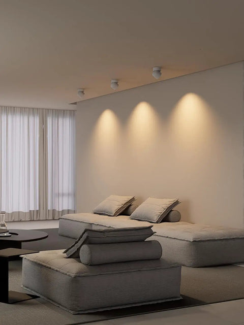 LED Ceiling Spotlight Indoor 7W Black Pivoting Slick Accent Light Fixture With 340 Degree Rotation illuminating living room