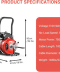 Super Heavy Duty Sewer Snake Machine Equipped With 100 Feet Of Rugged Cable And A Badass 750 Watt Motor specifications image.