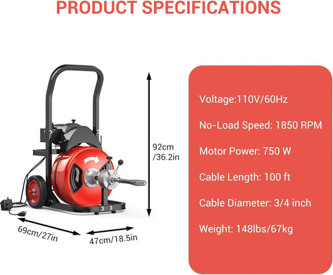 Super Heavy Duty Sewer Snake Machine Equipped With 100 Feet Of Rugged Cable And A Badass 750 Watt Motor specifications image.