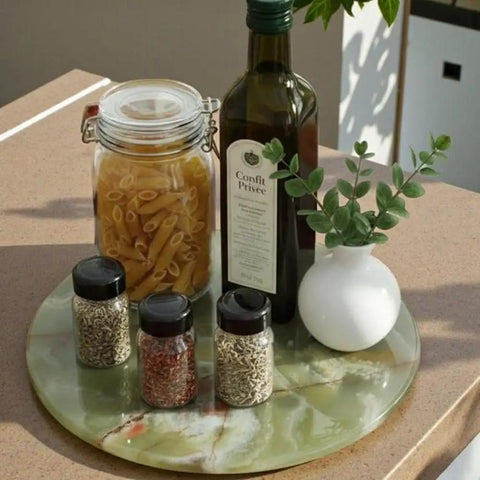 Handmade Marble Lazy Susan 16 Inch Round Serving Tray For Dining Table And Kitchen Countertop With Durable Wood Base Perfect For Pantry Organization And Storage And Everyday Home Use Dope Centerpiece with spices and pasta jar