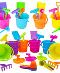 Six Pack Mini Beach Bucket Sets with sand buckets, shovels, rakes, and scoops in bright colors ideal party favors for kids toys