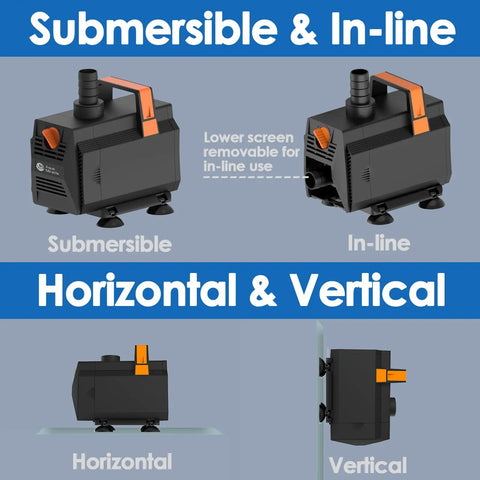 600GPH Submersible Water Pump For Ponds, Fountains, Aquariums with Flow Control, showing submersible and in-line uses