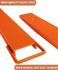 Pallet forklift extension bars, orange alloy steel, side view, 96-inch length, 4.5-inch width