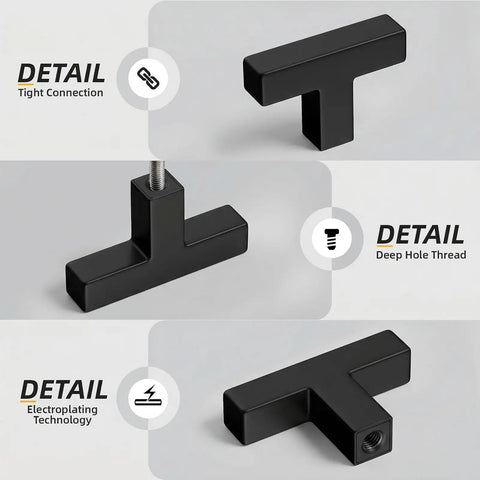 5 Pack Black Square T Bar Cabinet Knobs With Single Hole Slick Stainless Steel Modern Drawer Pull Handles For Kitchen Bathroom Cabinets Cupboards Easy Install Hardware Set
