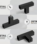 Close-up of matte black T bar knobs for cabinets showcasing tight connection, deep hole thread, and electroplating technology details.