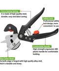 Pro Grade 2-In-1 Grafting And Pruning Tool With Replaceable Omega Cut V Cut And U Cut Blades SK5 Steel Durable ABS Handle In Black And Orange Heavy-Duty Pruner For Precise Grafts And Efficient Garden Pruning. Black ABS handle grafting pruner with spring, safety lock, and alloy cutter head