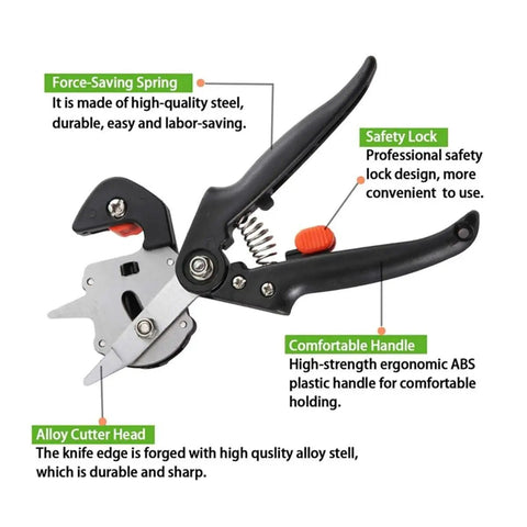 Pro Grade 2-In-1 Grafting And Pruning Tool With Replaceable Omega Cut V Cut And U Cut Blades SK5 Steel Durable ABS Handle In Black And Orange Heavy-Duty Pruner For Precise Grafts And Efficient Garden Pruning. Black ABS handle grafting pruner with spring, safety lock, and alloy cutter head