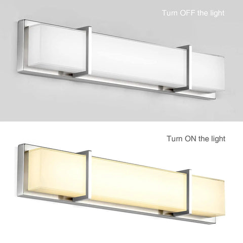 27 Inch LED Vanity Light Fixture Dimmable 28W Glass Modern Bathroom Lighting Over Mirror Wall Mount Silver Finish Warm White 3000K Sleek Energy Efficient Easy Install Contemporary Glass Shade