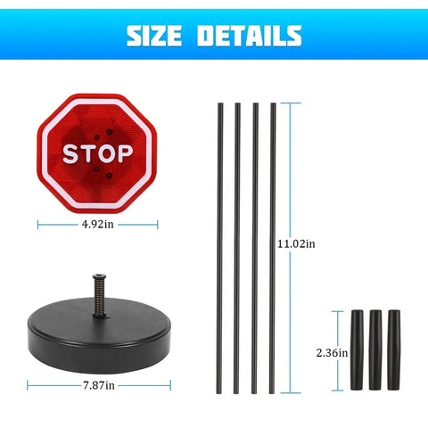 Heavy Duty Led Car Parking Stop Sign With Bright Flashing Warning Light And Rugged Abs Housing showing size details and components.