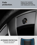 Magnetic Tire Valve Caps For Schrader Valves, Carbon Black, 4 Pack, shown on vehicle wheel for fade resistant protection