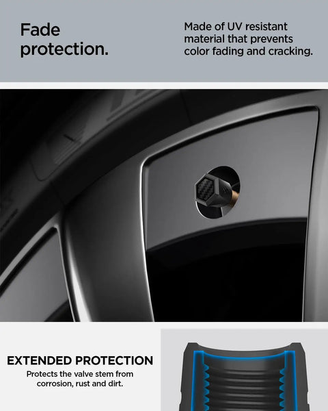 Magnetic Tire Valve Caps For Schrader Valves, Carbon Black, 4 Pack, shown on vehicle wheel for fade resistant protection