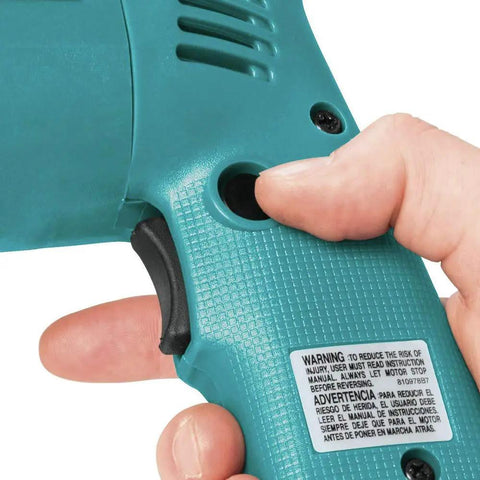 Close-up of hand holding Heavy Duty Half Inch Corded Drill With 6.5 Amp Motor And Variable Speed 0 To 550 RPM, built for continuous drilling.