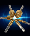 Front view of a set of gold HSS countersink bits with 1/4 inch hex shanks, 6-19 mm range.